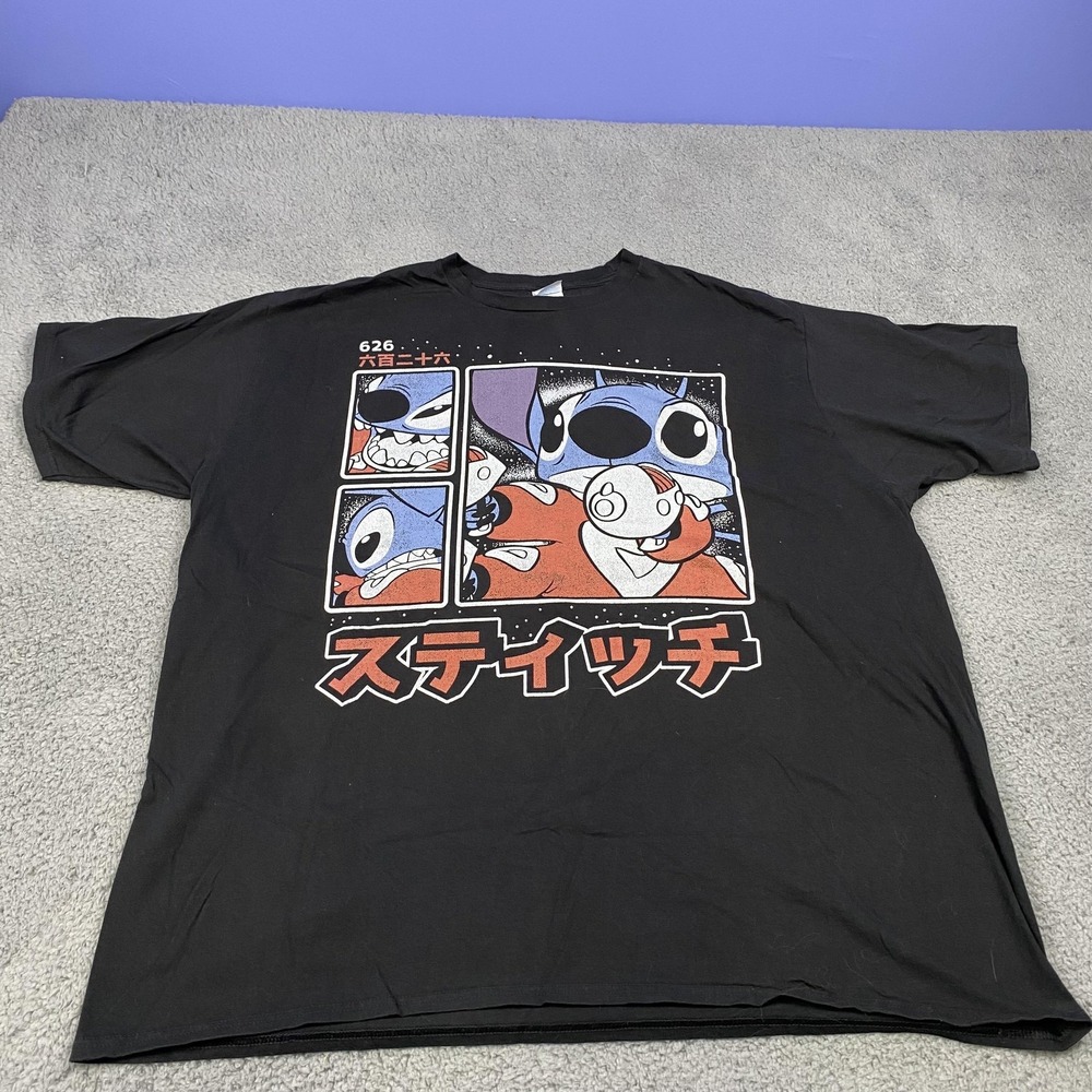 Disney Stitch Shirt Mens 3XL Black Graphic Tee Japanese Katakana 626 Cotton